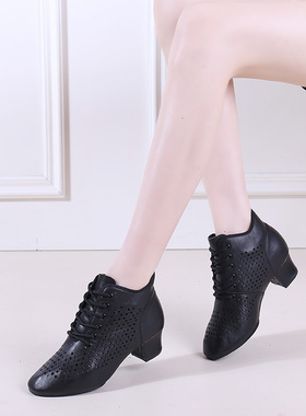 夏季真皮拉丁舞鞋软底广场舞中跟交谊舞室外穿水兵舞跳舞蹈鞋子女