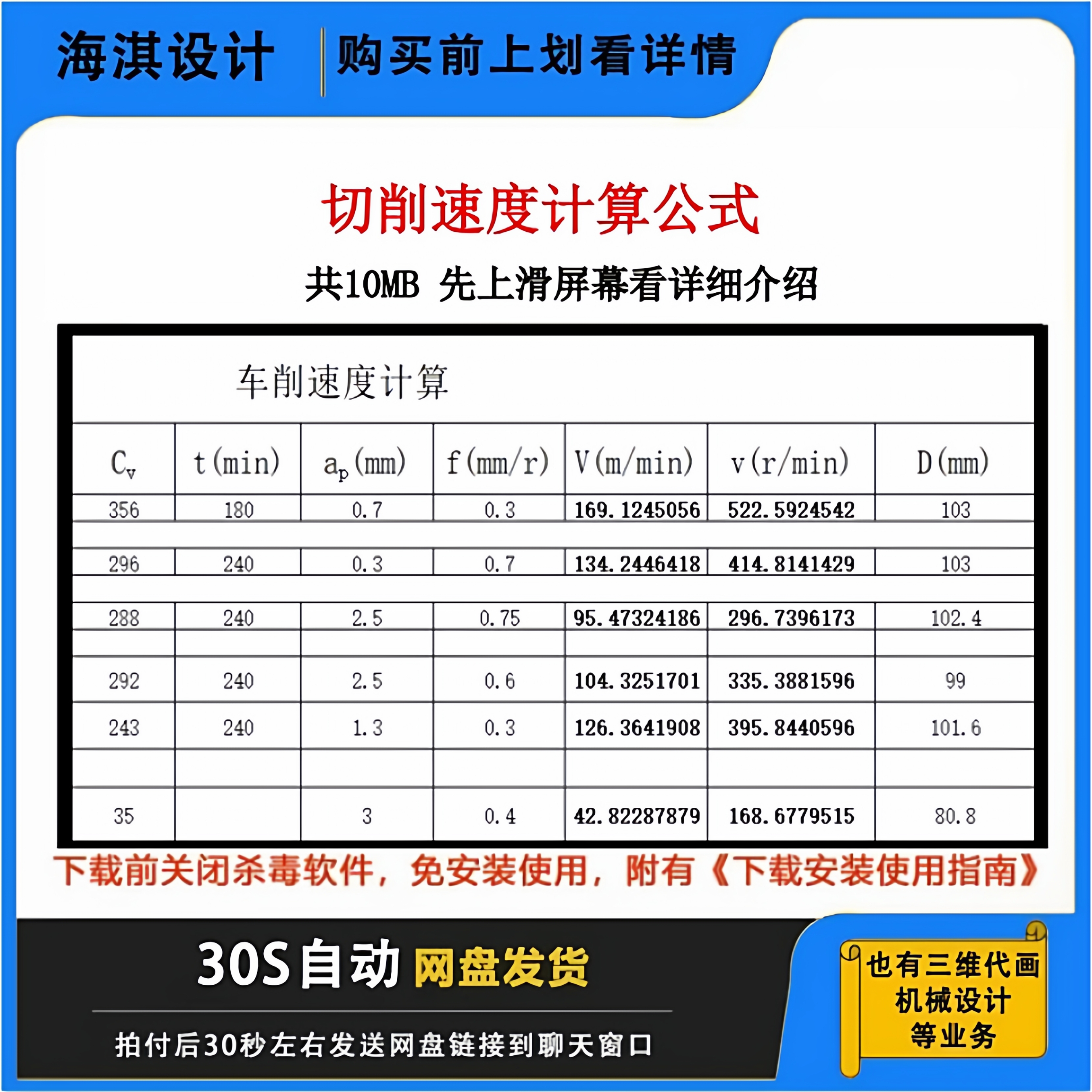 CNC加工计算工具切削速度表