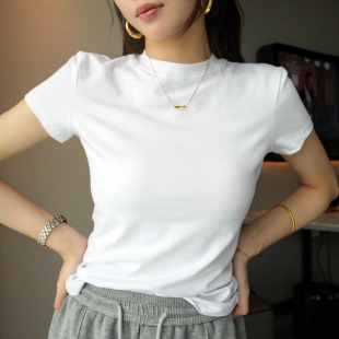 显瘦纯棉半高领打底衫 修身 亲肤舒适 T恤女2023年新款 轻奢高端短袖