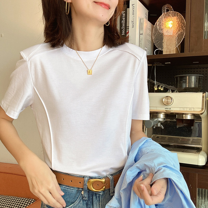 2024年新款白色t恤女短袖垫肩拼接宽松冰丝光棉简约百搭上衣,女装/女士精品,T恤,淘宝优惠券,粉丝福利购,淘宝优惠卷