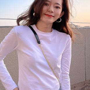 长袖 女白色t恤修身 纯棉内搭紧复古秋冬上衣 半高领打底衫 2024春款