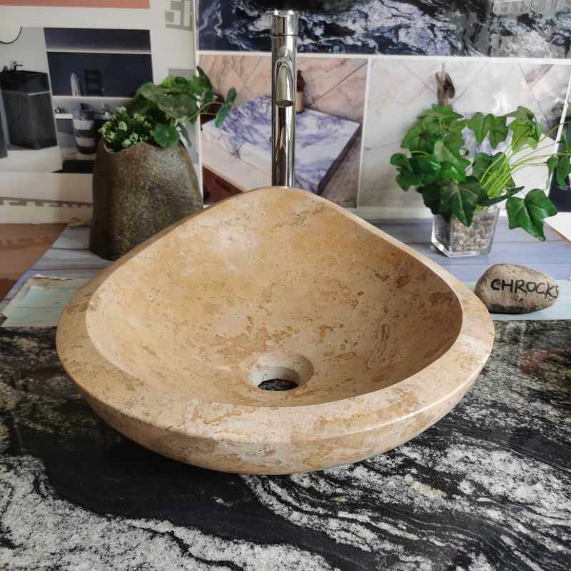 天然大理石古典米黄洗手盆户外石头台上盆洗脸盆花园别墅水池家用