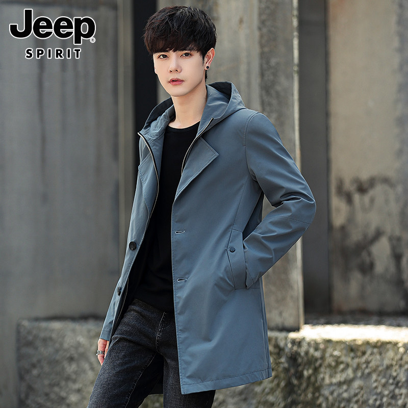 JEEP AUTUMN MIDI TRENCH COAT MENS NEW LOOSE CASUAL BIG CLOTHES TREND HOODED WINDPROOF JACKET MENSWEAR