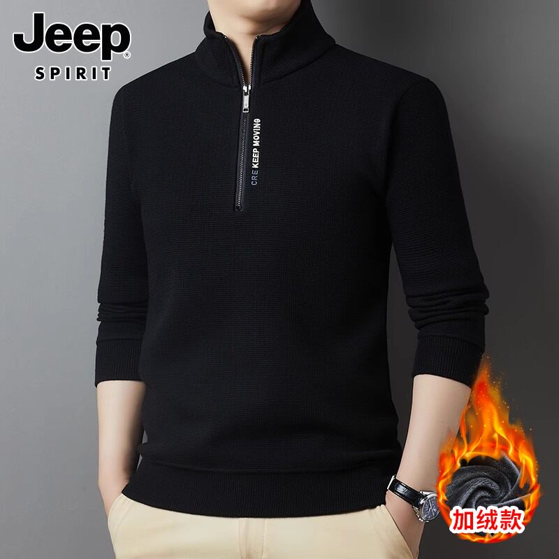 JEEP SWEATER MENS WINTER 2024 HALF-TURTLENECK ZIPPER BOTTOM SWEATER ONE-IN-ONE VELVET THERMAL KNIT MEN