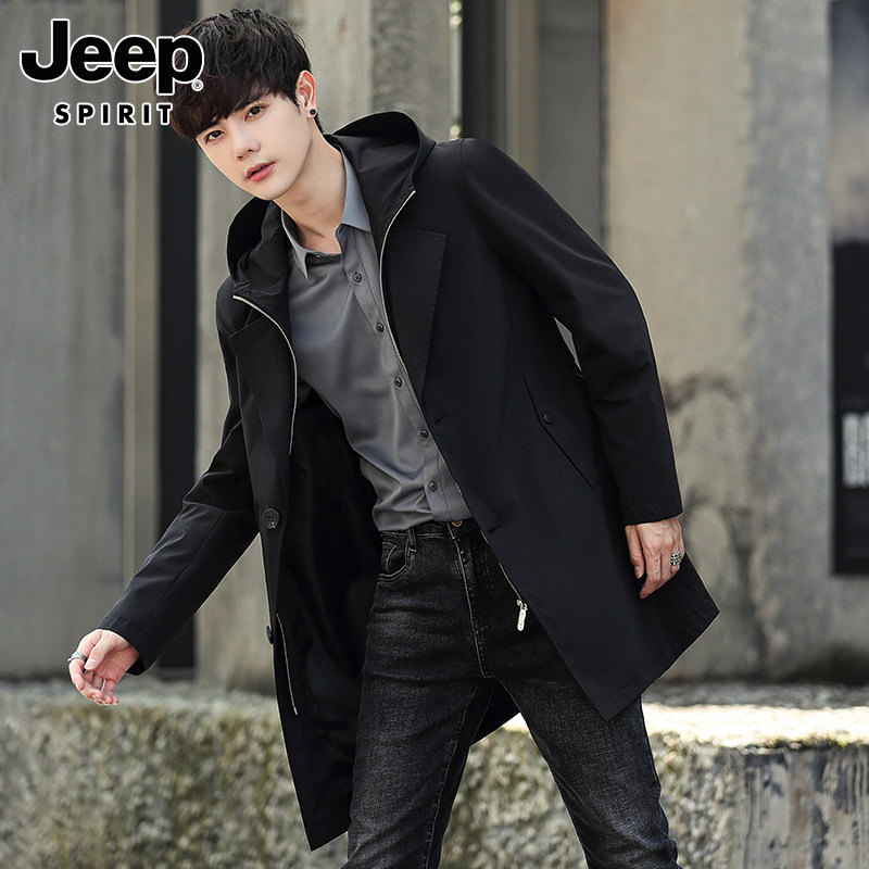 JEEP AUTUMN MIDI TRENCH COAT MENS NEW LOOSE CASUAL BIG CLOTHES TREND HOODED WINDPROOF JACKET MENSWEAR