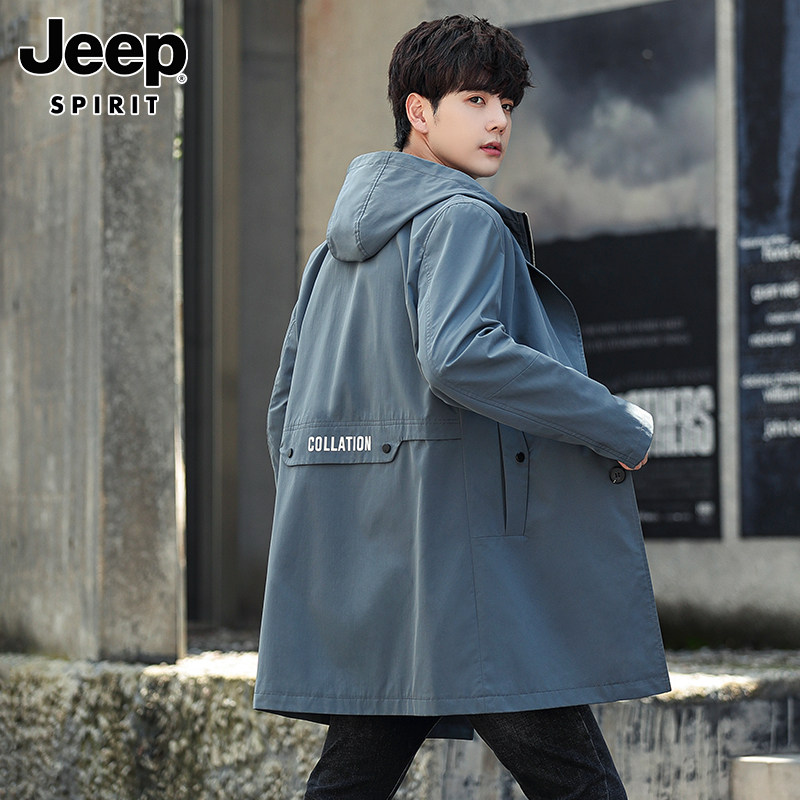 JEEP AUTUMN MIDI TRENCH COAT MENS NEW LOOSE CASUAL BIG CLOTHES TREND HOODED WINDPROOF JACKET MENSWEAR