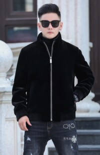 男装 黑色立领上衣皮草金貂绒冬光版 韩版 新款 夹克 外套男士 海宁时尚