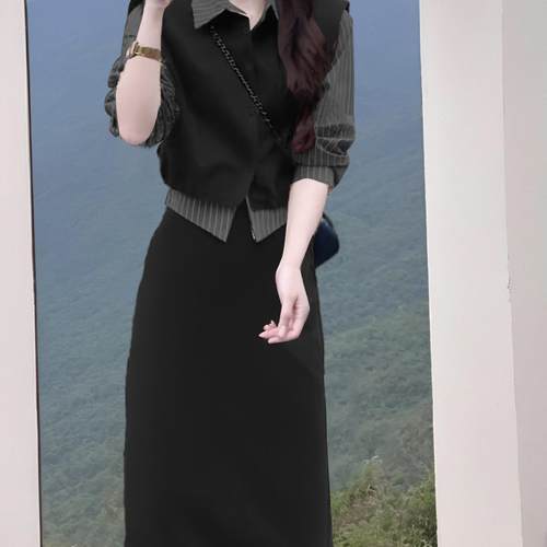 气质显瘦高级条纹半身裙女2025春季新款两件套女装时尚套装2330