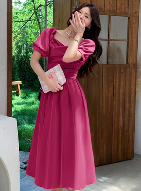 法式方领系带收腰连衣裙女夏a字蝴蝶结泡泡袖气质显瘦长裙D1396C