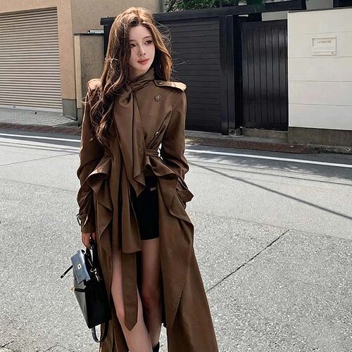 送腰带2026秋季英伦风女双排扣不对称外套法式系带收腰风衣D11083