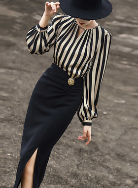 法式气质条纹假两件2026春季新款拼接长袖显瘦包臀连衣裙2157