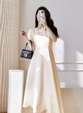 端庄大气设计师款裙子2025夏季新款绝美白色圆领小众连衣裙D1448B