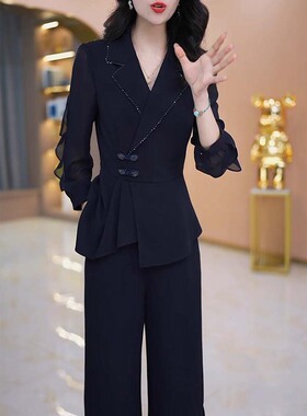 长袖西装领两件套女2026春季新款国风直筒裤套装两件套JT0049