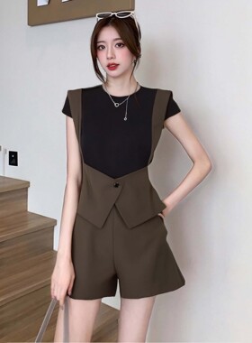 【两件套】女夏季设计感拼接上衣阔腿短裤干练气质两件套D2157A