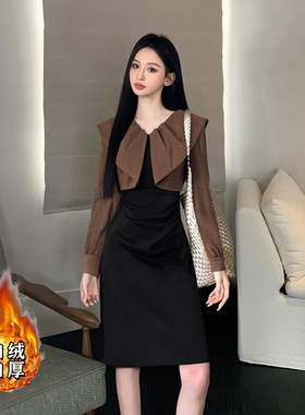 2025冬季新款加绒加厚气质优雅假两件拼接长袖娃娃领连衣裙D4044