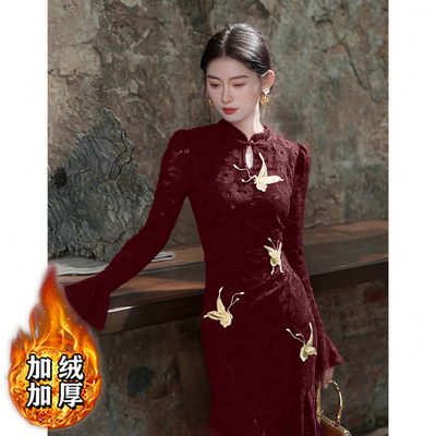 加绒加厚新中式改良旗袍女2025秋冬新款订婚长袖提花连衣裙D4187