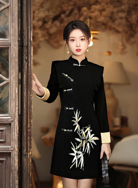 2025秋季新款有里布新中式竹叶设计高级感改良旗袍连衣裙D3887