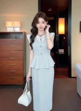 2026夏季新款女法式千金风小众蝴蝶结显瘦收腰小飞袖连衣裙D5458