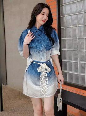 2025夏设计款渐变时尚上衣短裙两件套显瘦收腰衬衣裙子套装D1985B