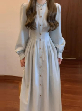 蓝色长袖衬衫连衣裙子女2025新款韩系穿搭高级感收腰长裙D0407