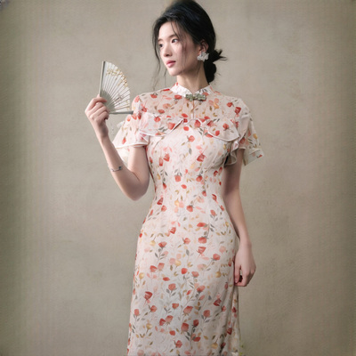 有里布新中式2025新款夏季少女气质绝美国风米黄色碎花裙D2498