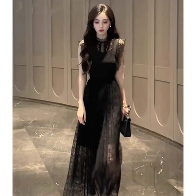 有里布蕾丝连衣裙女夏收腰气质高级感重要场合黑色小裙子D2862