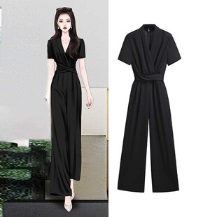 高端设计感黑色女夏季2026新款气质高腰名媛连衣裤阔腿套装D0866