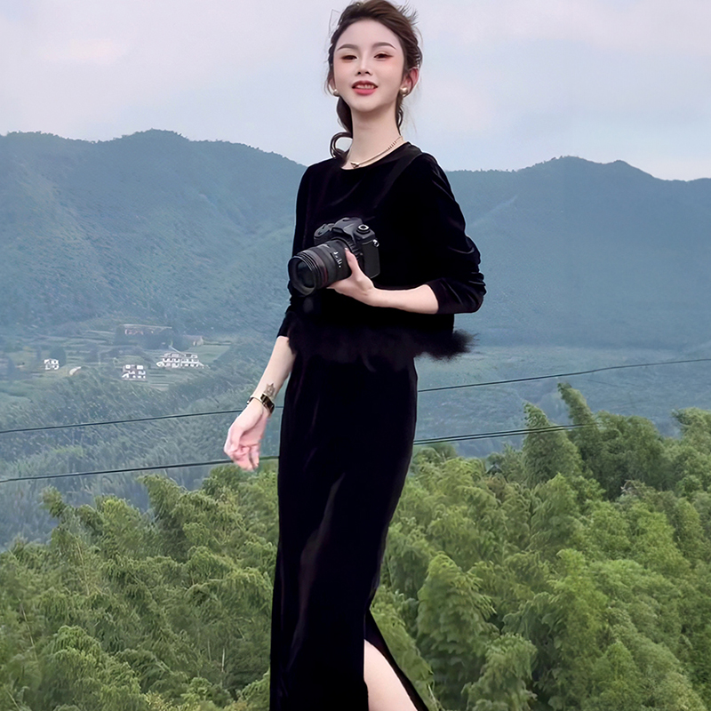 2025春新款圆领拼接长袖上衣高腰显瘦开叉半身裙两件套2459