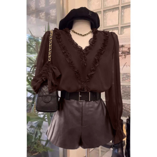 新款 套装 送腰带气质休闲木耳边长袖 短裤 两件套HY0016 衬衫 2026春季