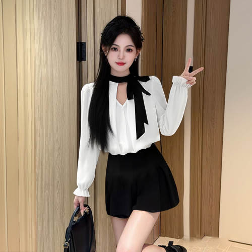 2026春季新款女黑白衬衫气质显瘦长袖上衣裤子套装两件套D3276