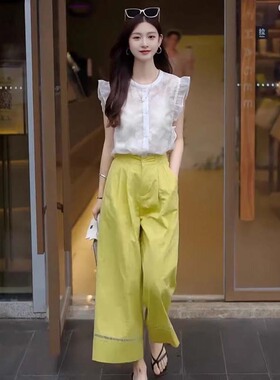 有里布巨好看的2026夏装套装女无袖衬衫九分休闲裤两件套D2650