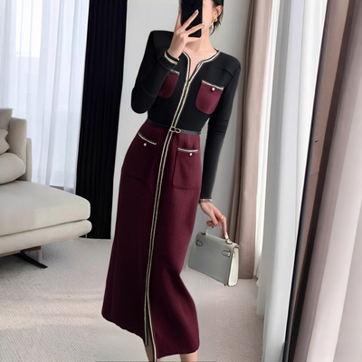 长袖春季拼接修身女装连衣裙撞色春季小香风针织休闲时尚长裙2912