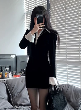 法式高级感气质黑色长袖连衣裙2026春季女装时尚通勤小黑裙子6660