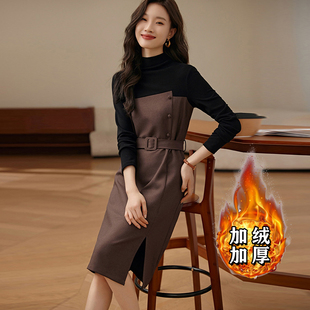 加绒加厚假两件连衣裙2026春季新款撞色修身开叉收腰连衣裙6289