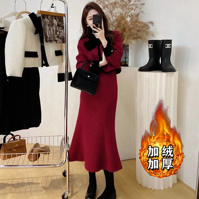 春法式富家千金红色小香风订婚回门套装裙小洋装春裙两件套6416