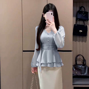 2026春季新款V领独特超好看掐腰长袖衬衫上衣半裙套装两件套D3606
