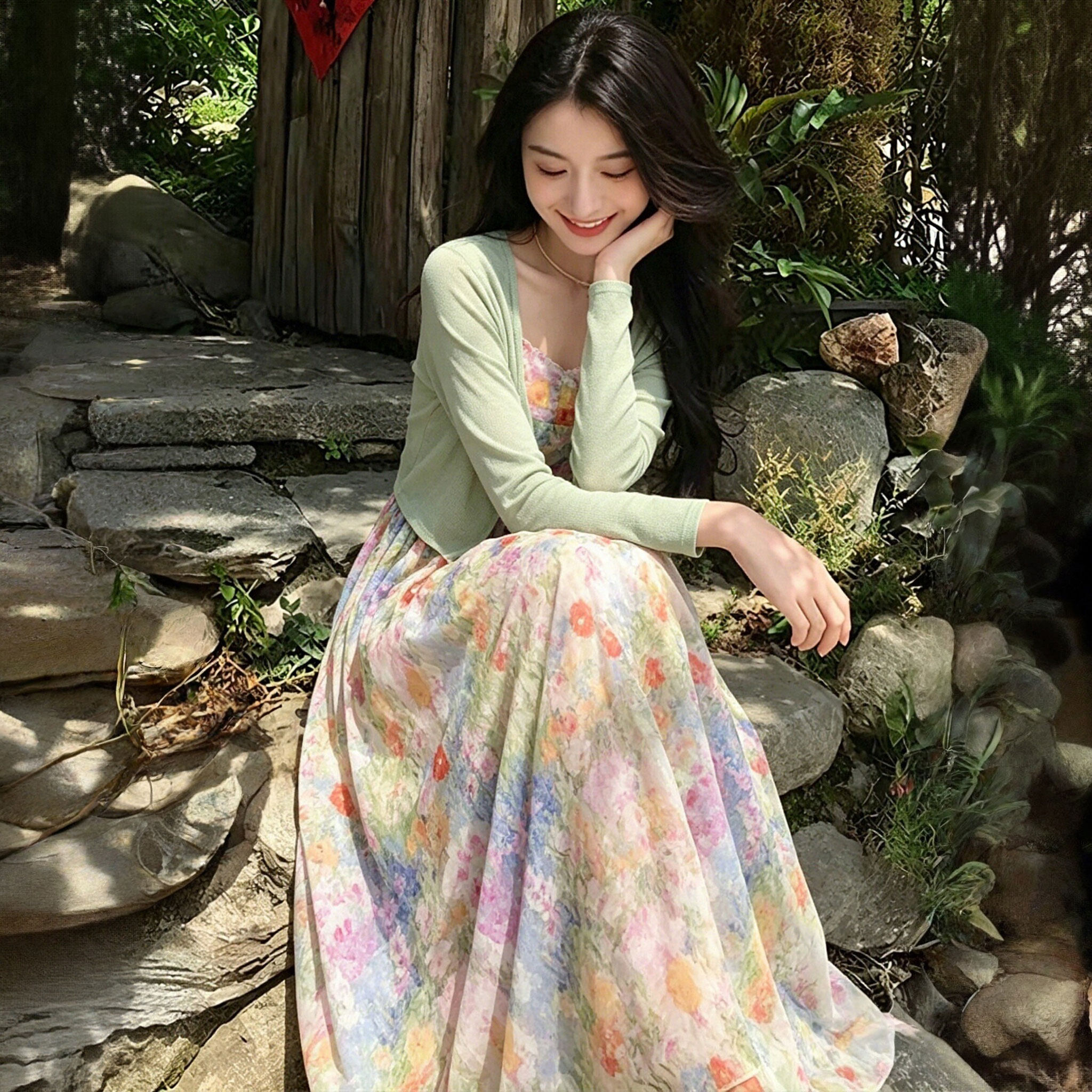 两件套2026夏季新款女氛围感海边拍照碎花收腰显瘦吊带套装D6601