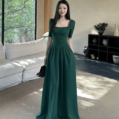 短袖方领胸口拼接显瘦裙子2025气质百搭遮肚子连衣长裙D1036