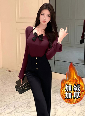 加绒加厚法式时尚减龄套装2025冬季新款上衣+长裤两件套D4602