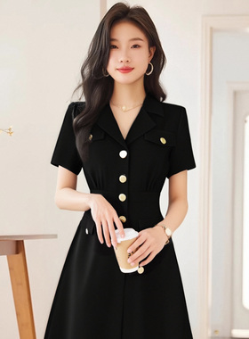 有里布法式设计感单排扣西装领短袖连衣裙夏季新款小黑裙D1693C
