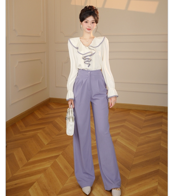 2026秋季新款清丽秀雅荷叶边衬衫+长裤套装两件套D3609