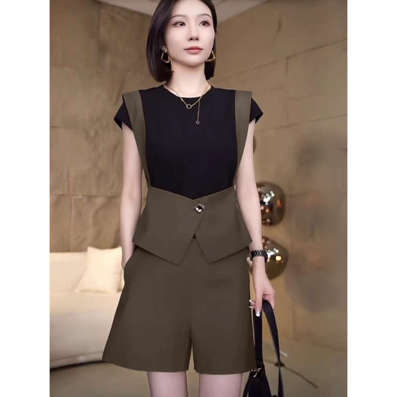 【两件套】女夏季设计感拼接上衣阔腿短裤干练气质两件套D2157