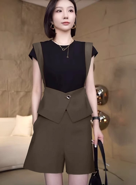 【两件套】女夏季设计感拼接上衣阔腿短裤干练气质两件套D2157