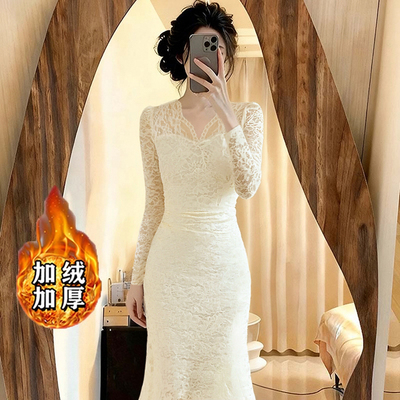 加绒加厚v领蕾丝鱼尾连衣裙2025秋冬新款女装高知得体裙子LJ0238