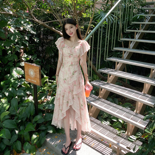 有里布夏季甜美风泡泡袖碎花连衣裙女荷叶边不规则裙摆长裙D8817