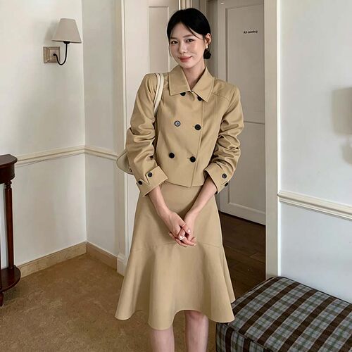 秋季气质翻领双排扣短款外套鱼尾半身裙两件套通勤显瘦套装K0062