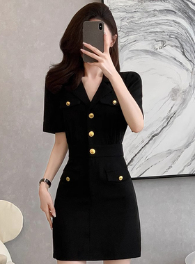 有里布法式设计感单排扣西装领短袖连衣裙夏季新款小黑裙D1693
