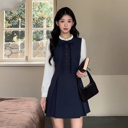 有里布2026秋冬韩系小香风假两件连衣裙女学院风绝美短裙TX0379