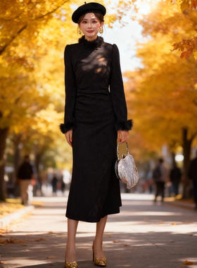 加绒加厚2025秋冬新款新中式国风连衣裙女内搭打底长裙子女2838