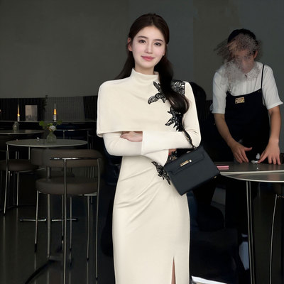 2026秋冬新款中式针织连衣裙送披肩打底长袖旗袍裙子两件套D4217